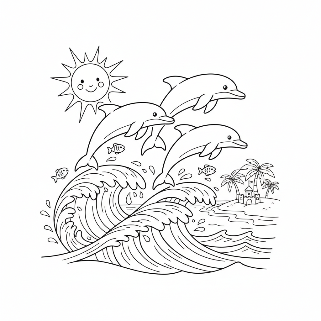Dolphins leaping playfully through ocean waves near a sunny beach - Free Printable Coloring Page
