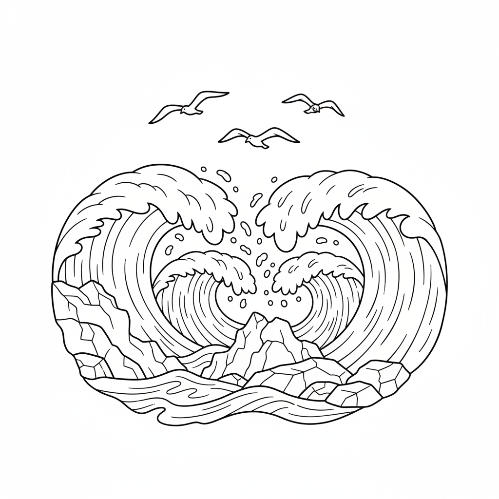 Dramáticas olas rompiendo contra la costa rocosa con rocío y aves marinas por encima - Free Printable Coloring Page