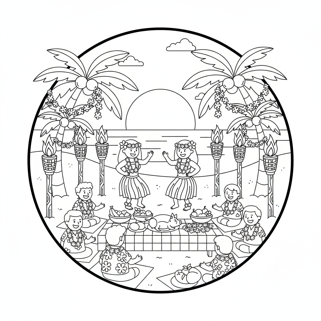 Hawaiian luau beach party with hula dancers tiki torches and leis - Free Printable Coloring Page