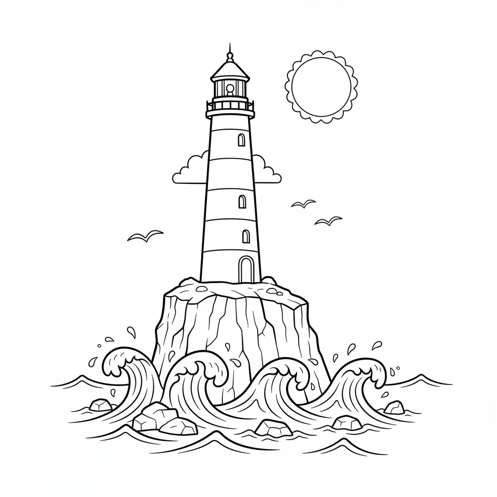 Lighthouse standing tall on rocky cliff overlooking crashing ocean waves - Free Printable Coloring Page
