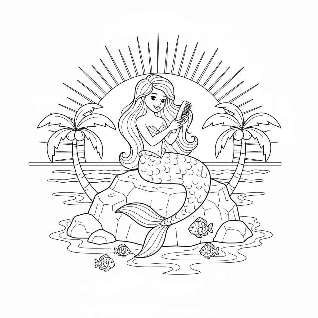 Mermaid sitting on a rock combing her hair with a beach sunset behind her - Free Printable Coloring Page Mermaid sitting on a rock combing her hair with a beach sunset behind her - Free Printable Coloring Page