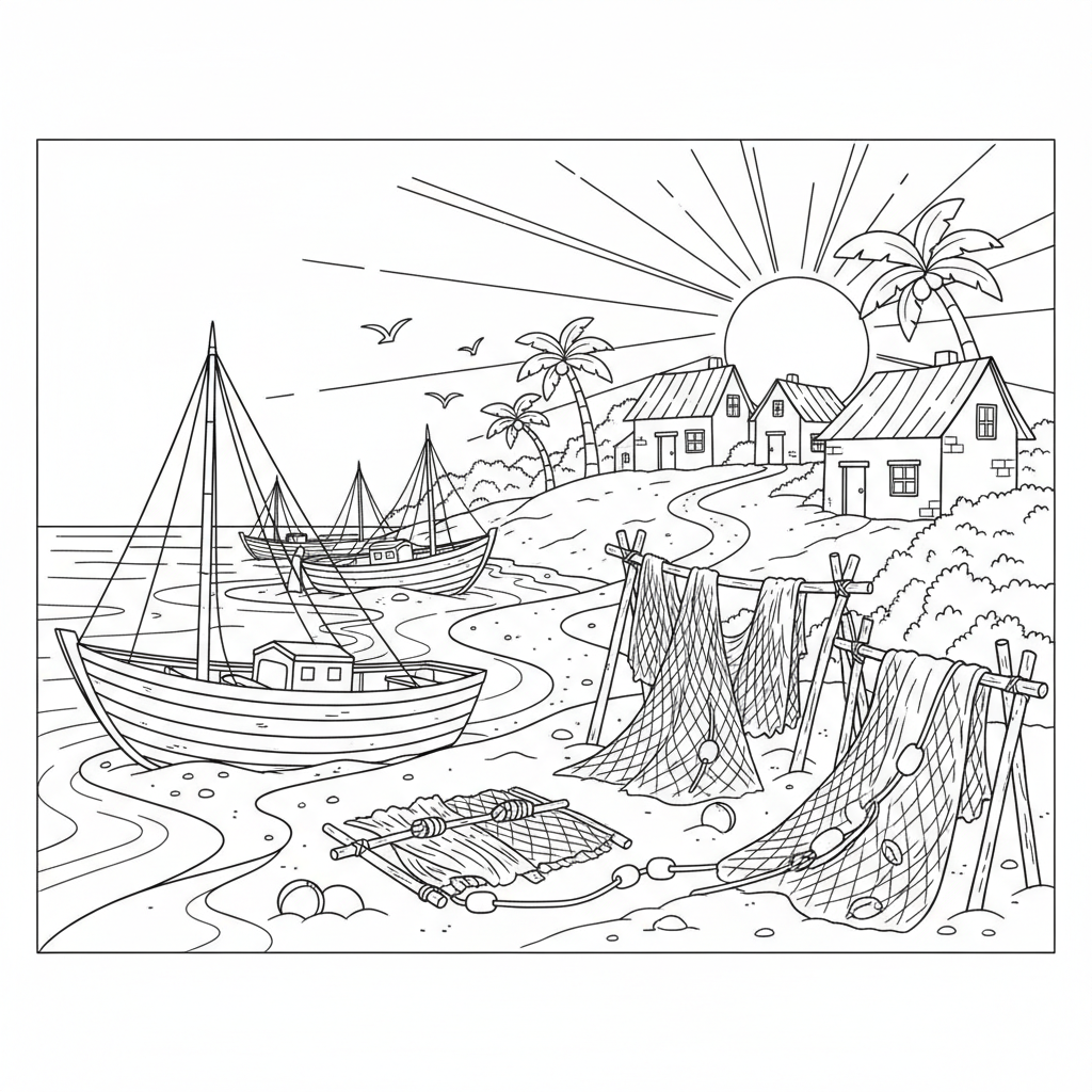 Antiguo pueblo de pescadores junto a la playa con las redes de los barcos secándose al sol - Free Printable Coloring Page