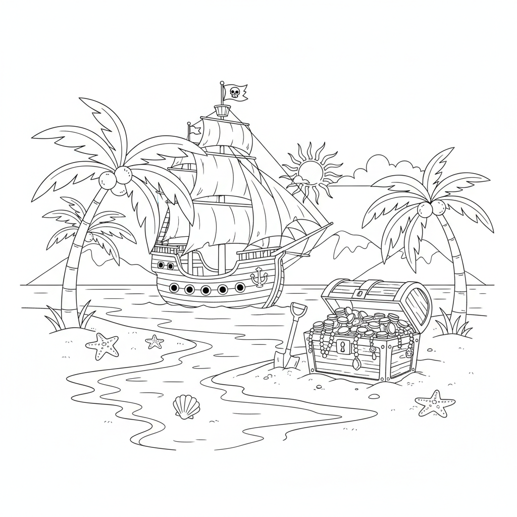 Pirate ship anchored near a tropical beach with treasure chest on shore - Free Printable Coloring Page