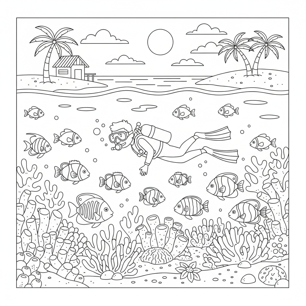 Scuba diver exploring coral reef near the beach with colorful tropical fish - Free Printable Coloring Page