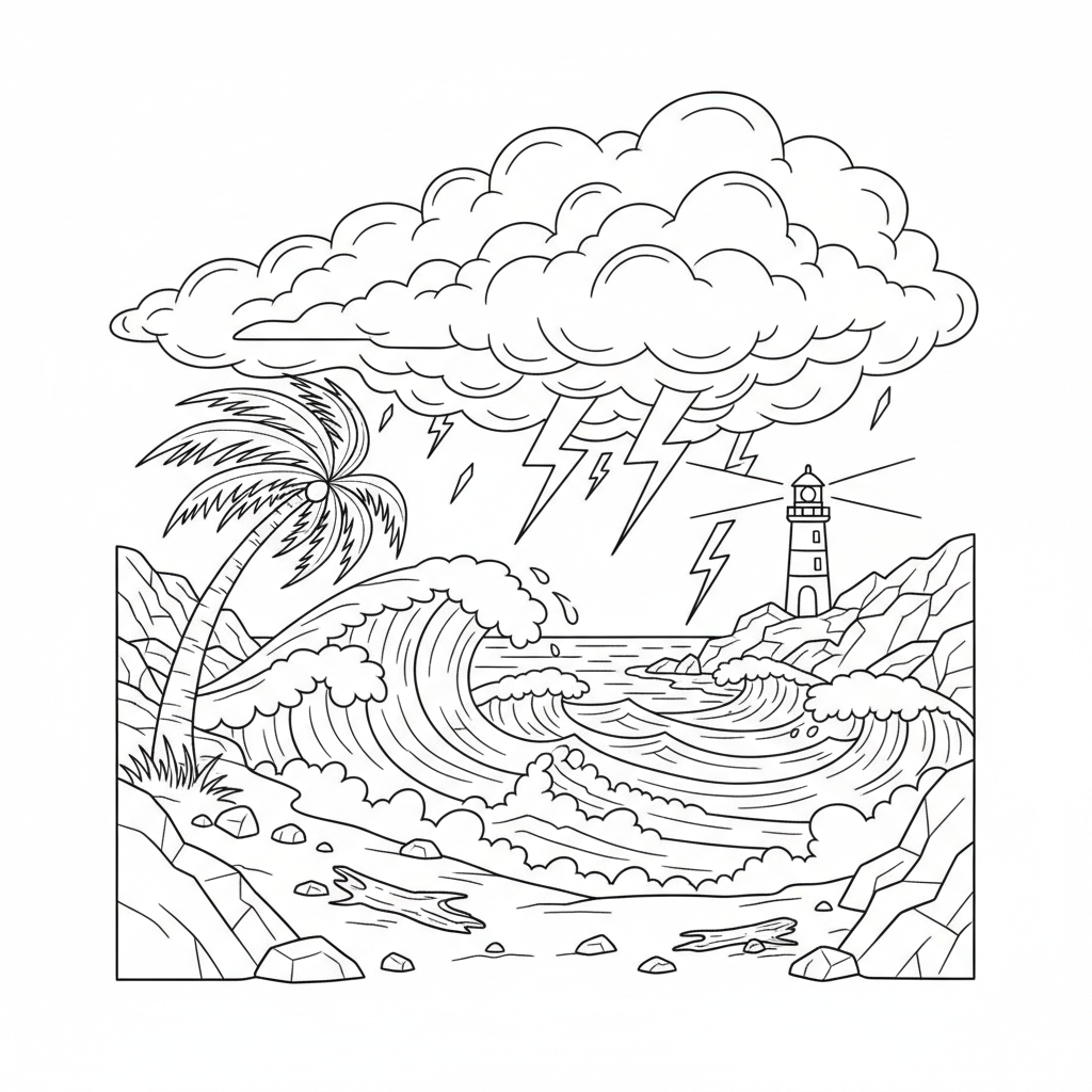 Stormy beach scene with dramatic clouds lightning and wild crashing waves - Free Printable Coloring Page