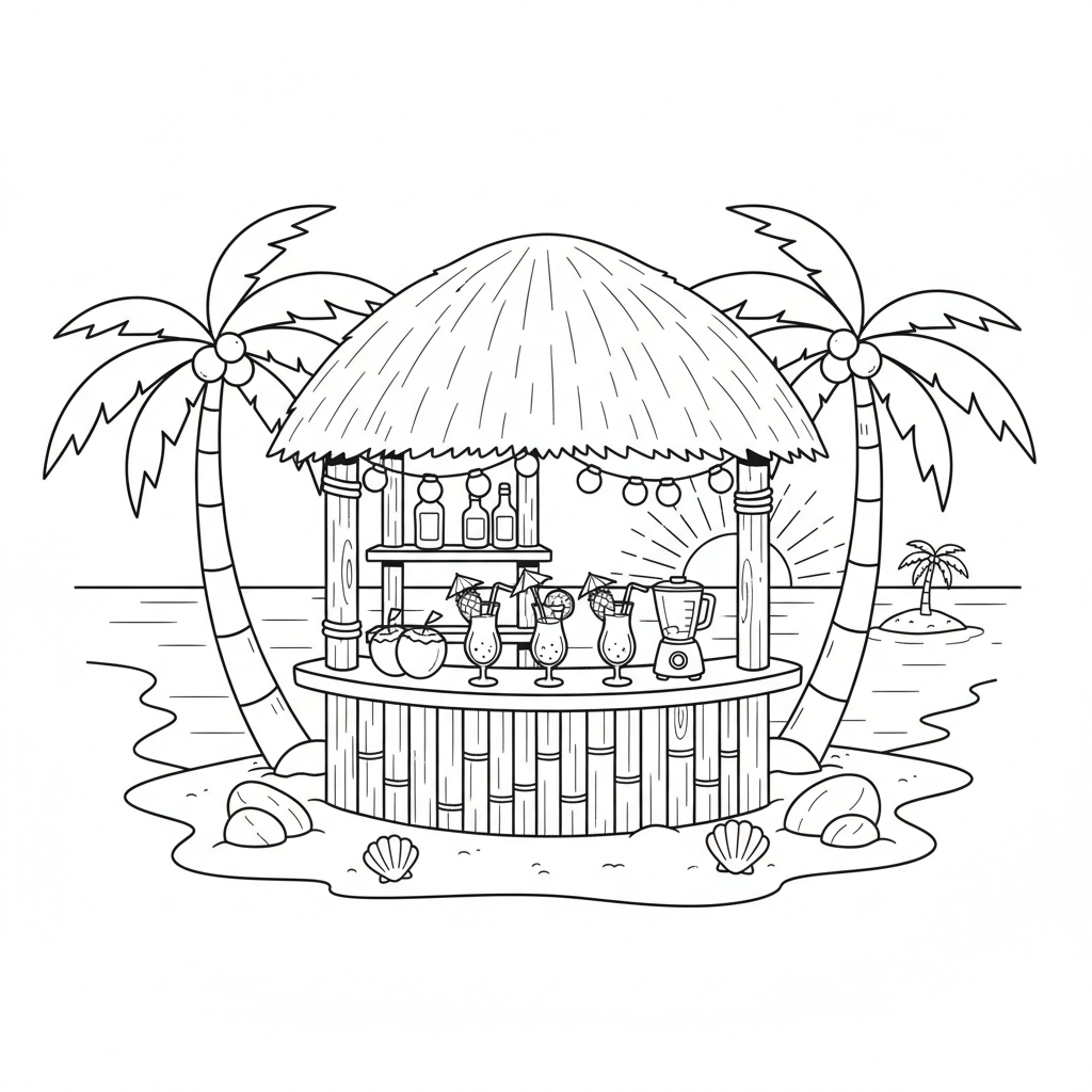 Tiki bar on the beach with thatched roof tropical drinks and string lights - Free Printable Coloring Page