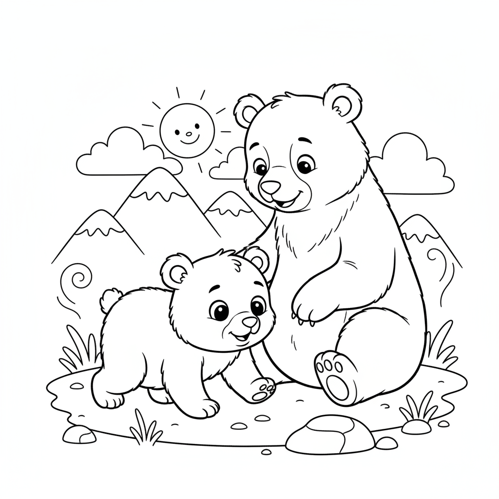 Baby bear learning to walk with mother watching - Free Printable Coloring Page