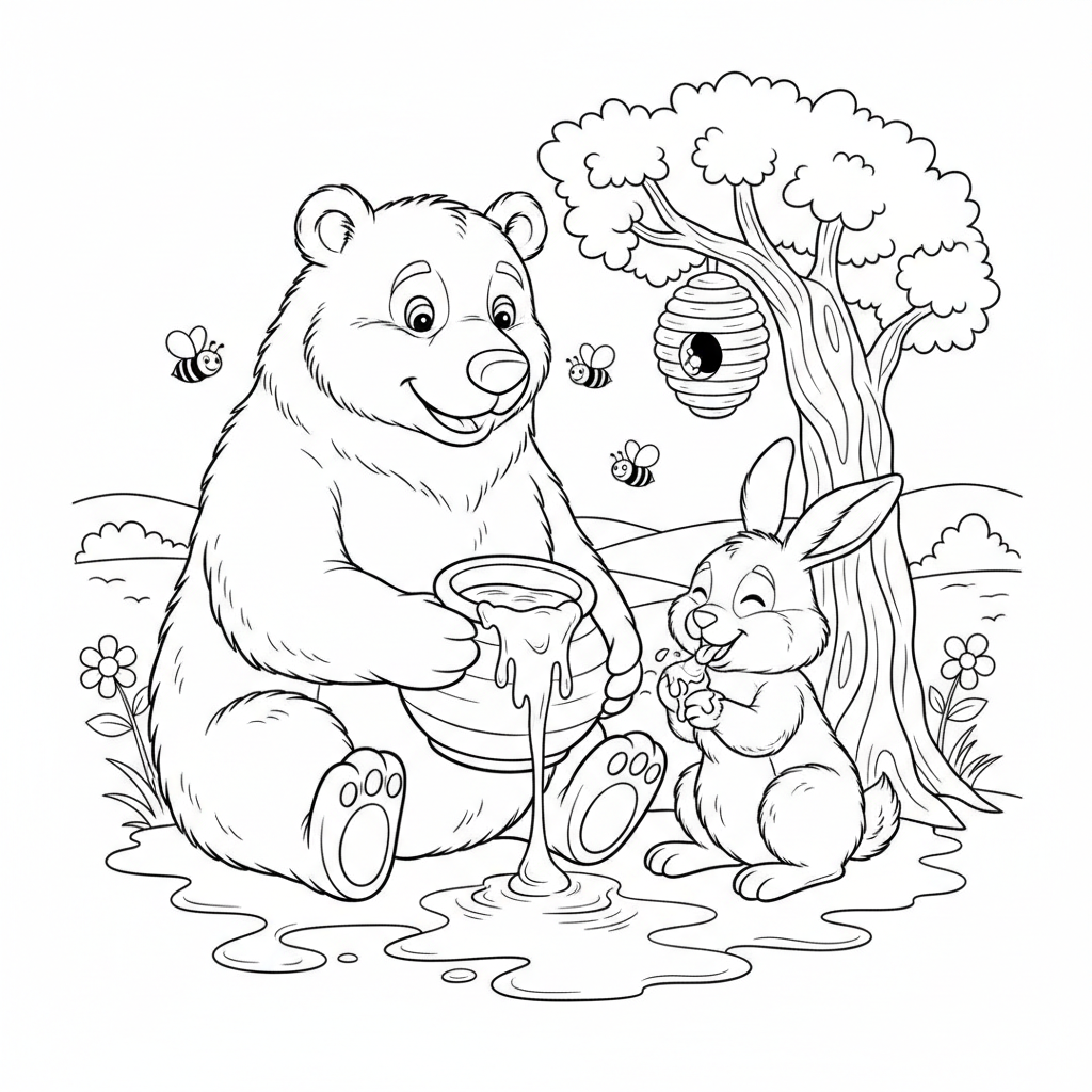 L'ours et le lapin partagent le miel - Coloriage gratuit à imprimer L'ours et le lapin partagent le miel - Coloriage gratuit à imprimer