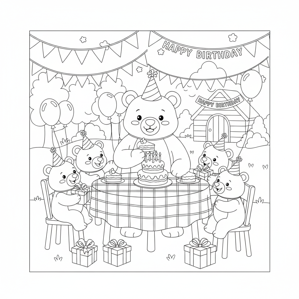 Bear Birthday Party Celebration - Free Printable Coloring Page Bear Birthday Party Celebration - Free Printable Coloring Page