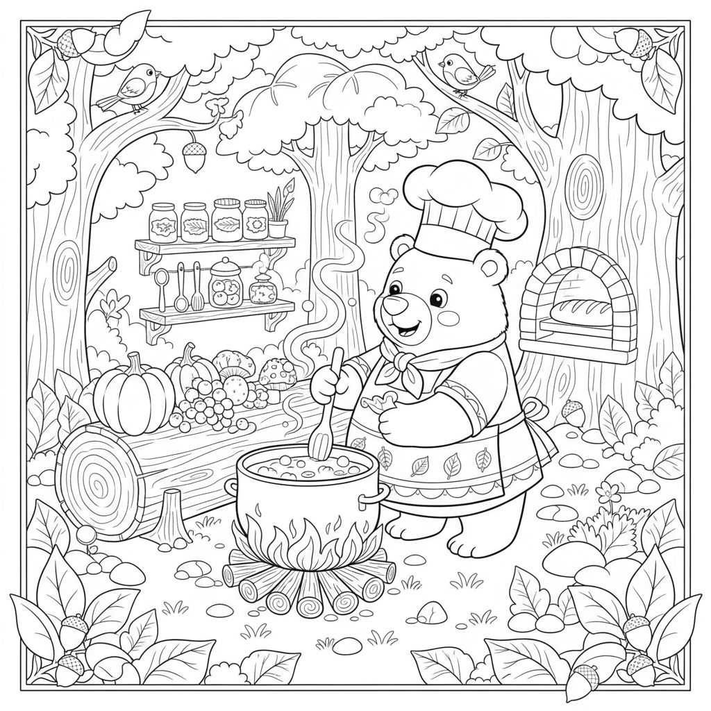 Bear chef cooking delicious meal in forest kitchen - Free Printable Coloring Page Bear chef cooking delicious meal in forest kitchen - Free Printable Coloring Page