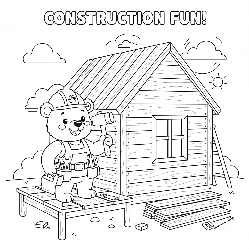 Björn byggnadsarbetare bygger hus med verktyg - Free Printable Coloring Page
