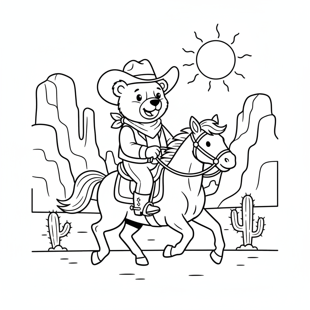 Bear cowboy riding horse through desert canyon - Free Printable Coloring Page Bear cowboy riding horse through desert canyon - Free Printable Coloring Page