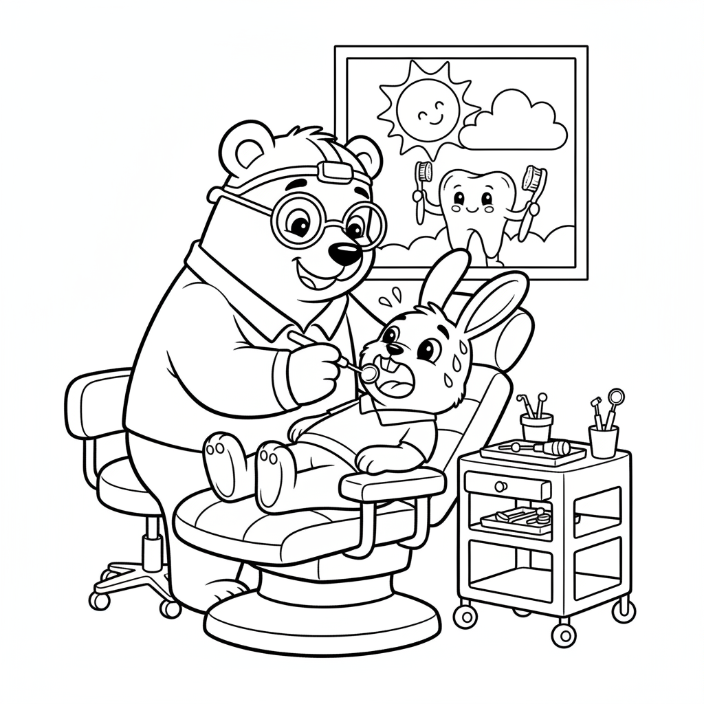Bear dentist checking teeth of nervous rabbit patient - Free Printable Coloring Page Bear dentist checking teeth of nervous rabbit patient - Free Printable Coloring Page