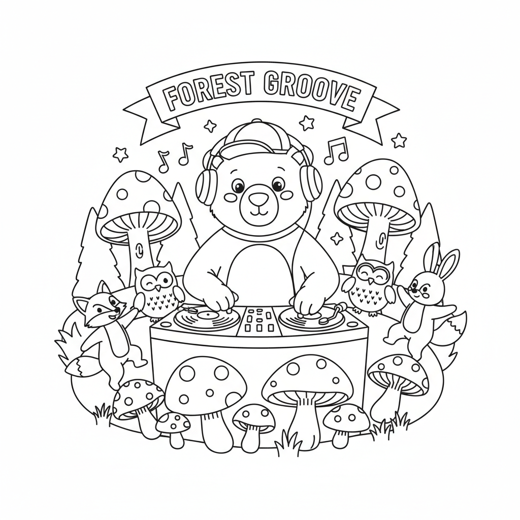 Un DJ ours mixe des disques à une fête dansante en forêt - Coloriage gratuit à imprimer