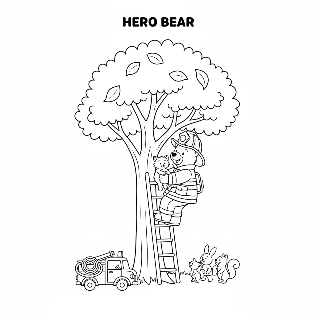 Bear firefighter rescuing kitten from tall tree - Free Printable Coloring Page