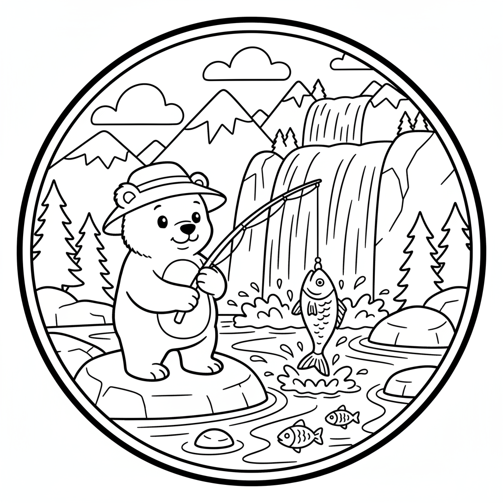 Bear fishing at beautiful waterfall in mountains - Free Printable Coloring Page