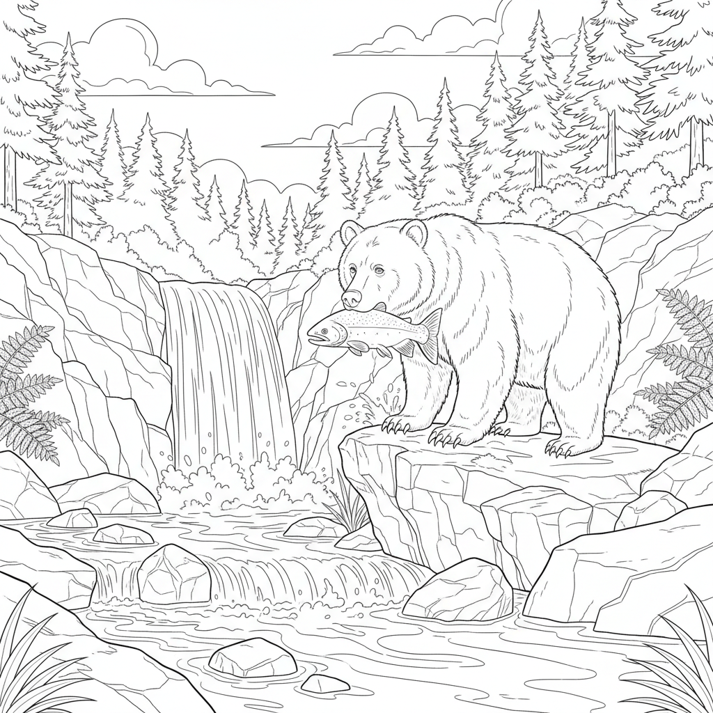Bear Fishing At Waterfall - Free Printable Coloring Page Bear Fishing At Waterfall - Free Printable Coloring Page