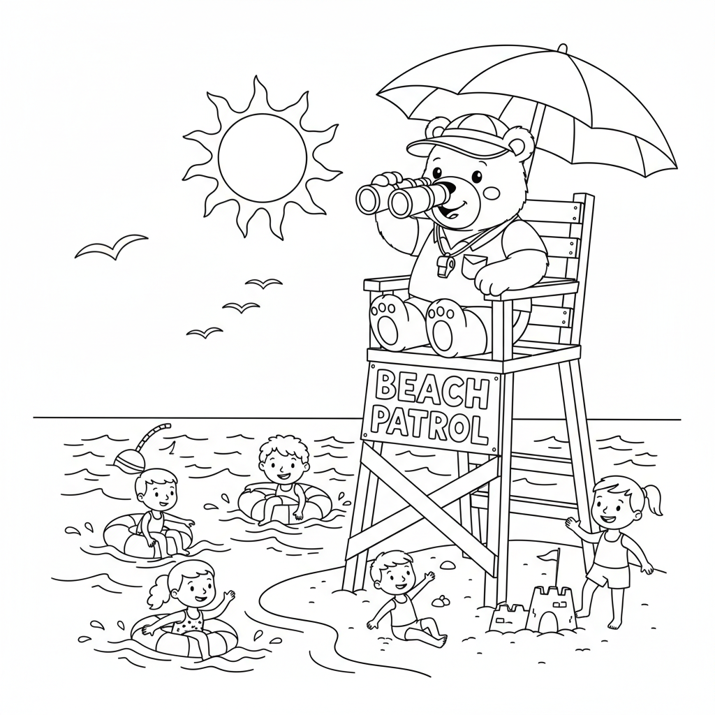 Livräddare i form av en björn vakar över badgästerna på stranden - Free Printable Coloring Page