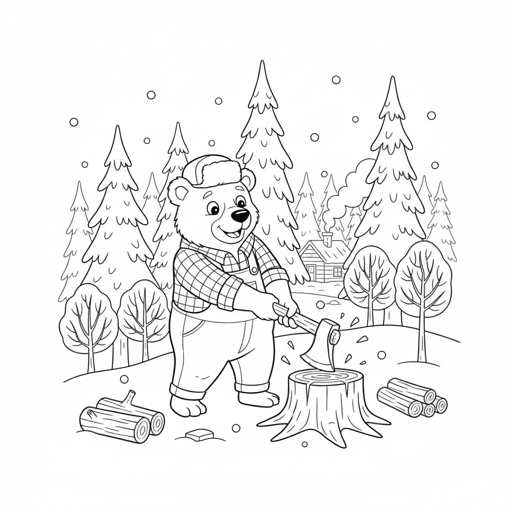 Bear lumberjack chopping wood in snowy forest - Free Printable Coloring Page