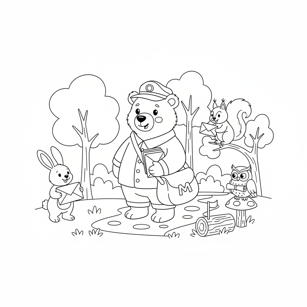 Bear mailman delivering letters to forest animals - Free Printable Coloring Page Bear mailman delivering letters to forest animals - Free Printable Coloring Page