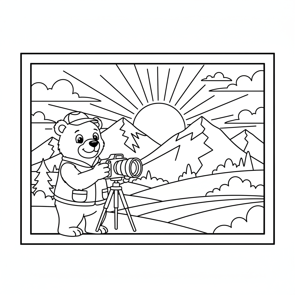 Bear photographer taking pictures of sunset landscape - Free Printable Coloring Page