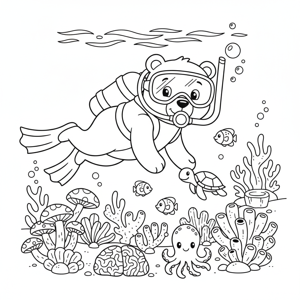Bear scuba diver exploring coral reef underwater - Free Printable Coloring Page Bear scuba diver exploring coral reef underwater - Free Printable Coloring Page