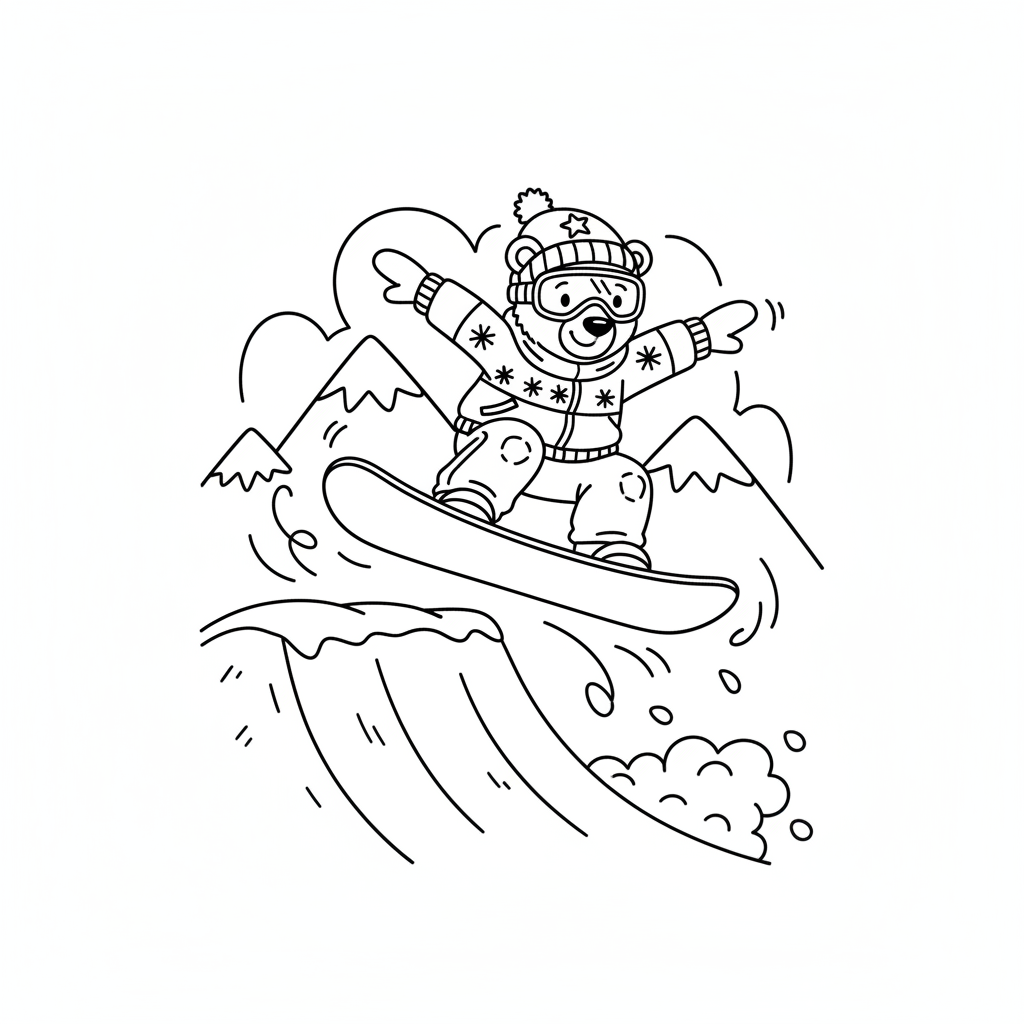 Bear snowboarder jumping off snowy mountain halfpipe - Coloriage gratuit à imprimer