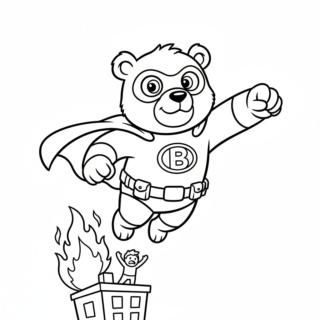 Bear superhero wearing cape flying to save the day - Free Printable Coloring Page Bear superhero wearing cape flying to save the day - Free Printable Coloring Page