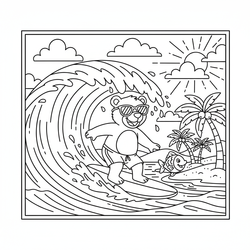 Bear surfer riding giant wave on tropical beach - Free Printable Coloring Page