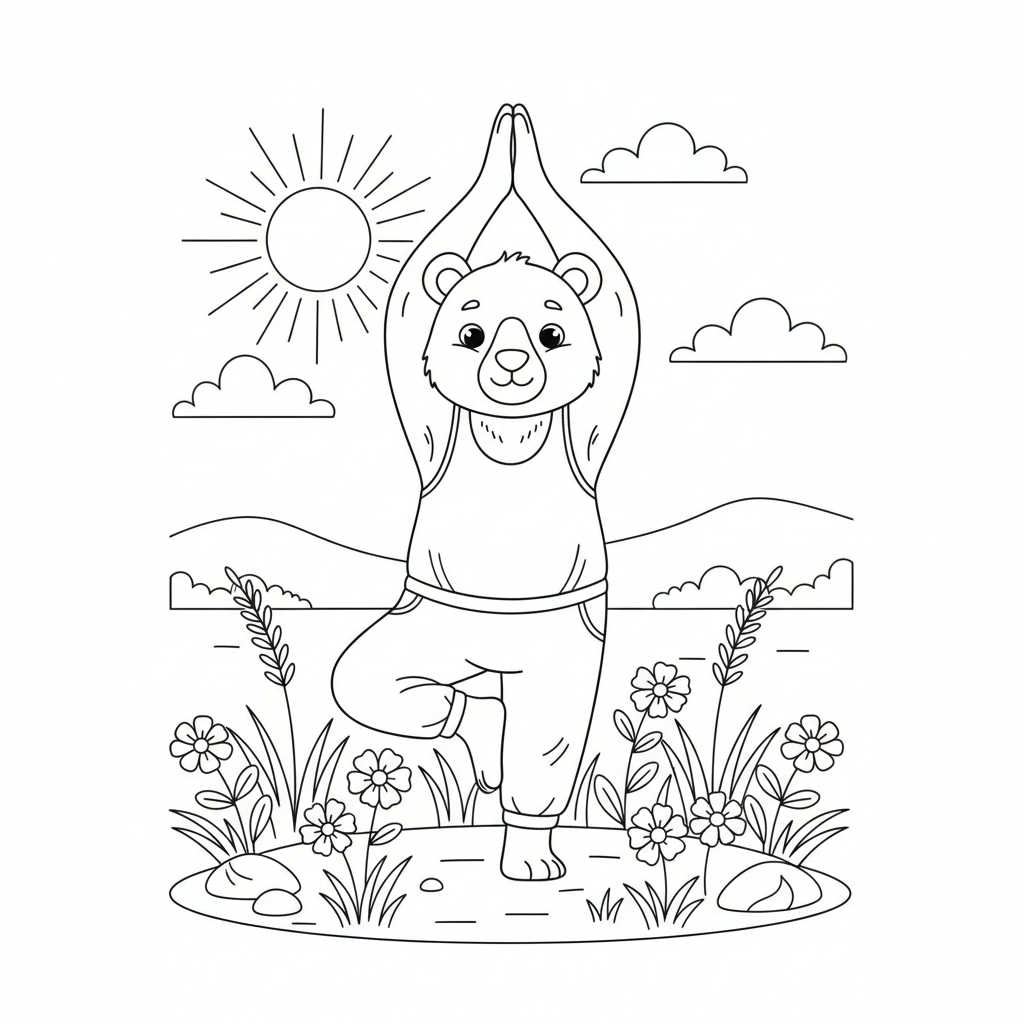 Bear yoga instructor doing tree pose in meadow - Free Printable Coloring Page