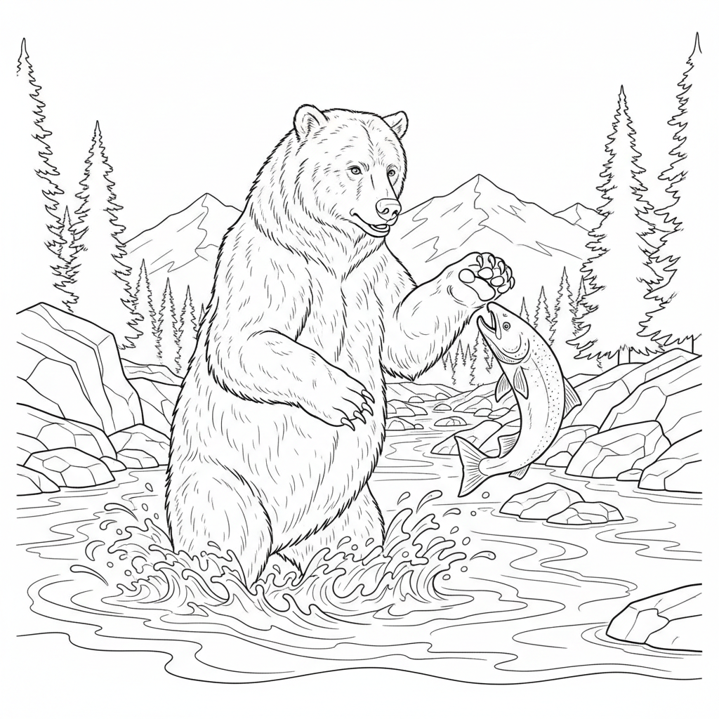 Oso pardo capturando peces en el río - Página para colorear gratis