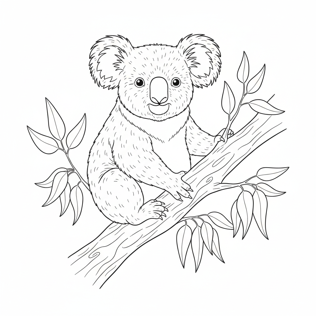 Koala Bear On Eucalyptus Branch - Free Printable Coloring Page Koala Bear On Eucalyptus Branch - Free Printable Coloring Page