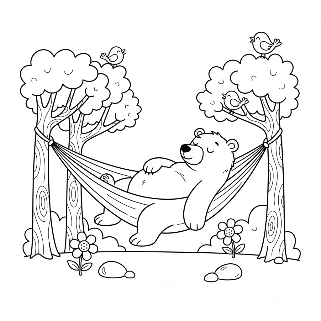 Sleepy bear relaxing in hammock between trees - Free Printable Coloring Page