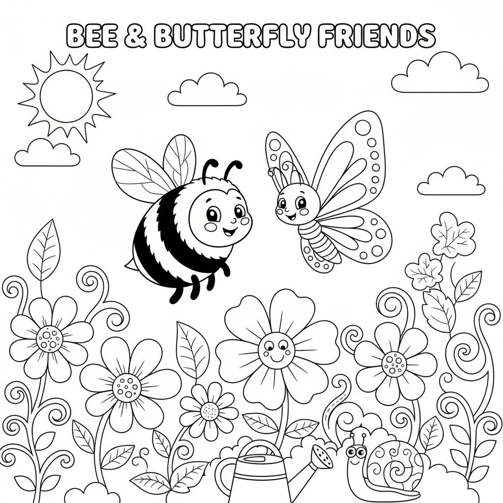 Abeilles et papillons amis dans un jardin - Coloriage gratuit à imprimer