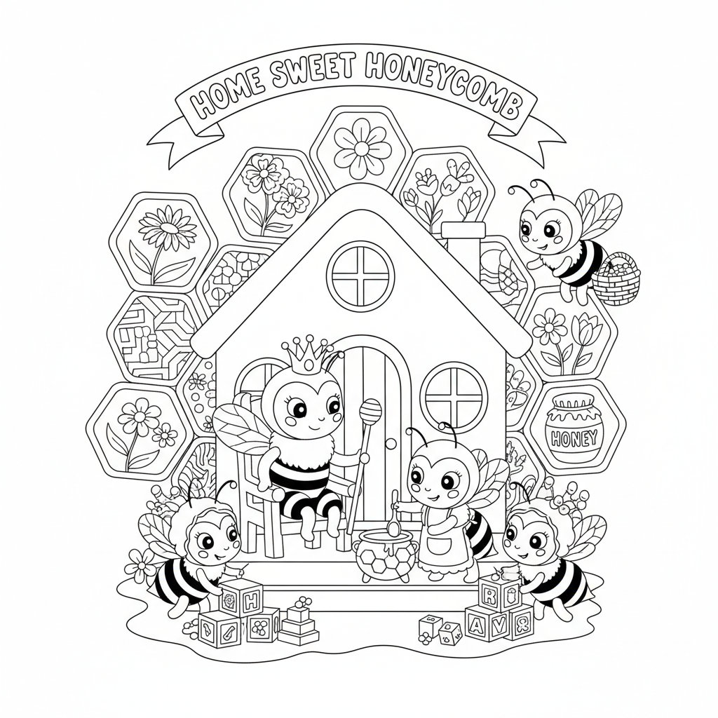 Bee family in honeycomb home sweet - Free Printable Coloring Page