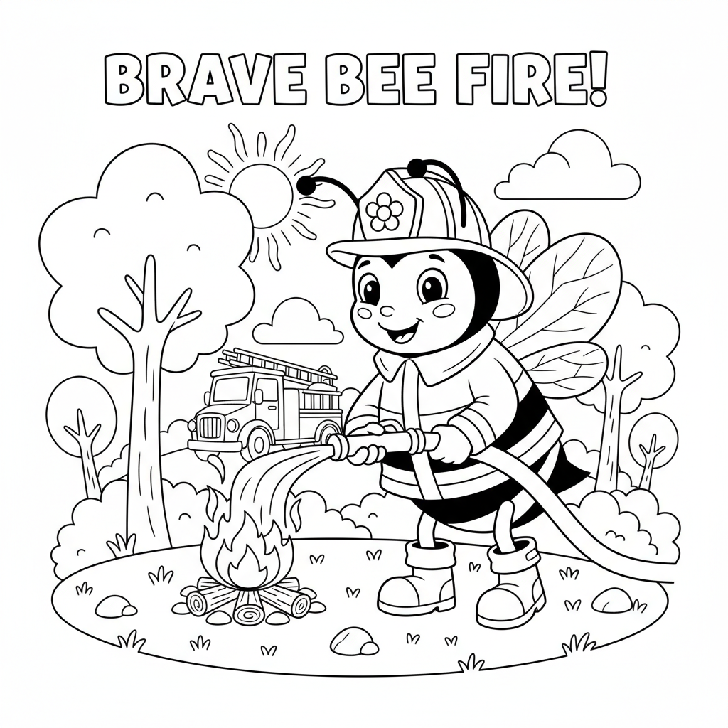Bee firefighter putting out small campfire forest - Free Printable Coloring Page