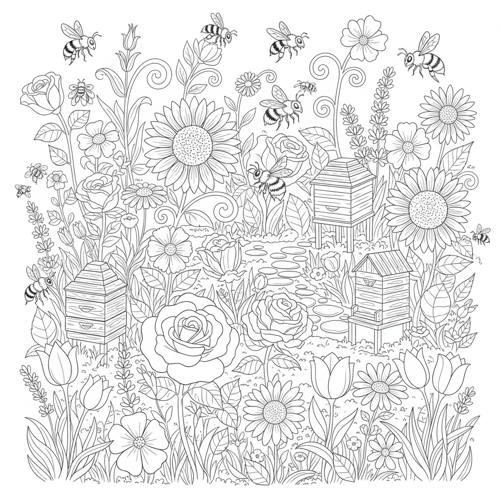 Bienengarten mit vielen Blumen - Kostenloses druckbares Ausmalbild Bienengarten mit vielen Blumen - Kostenloses druckbares Ausmalbild