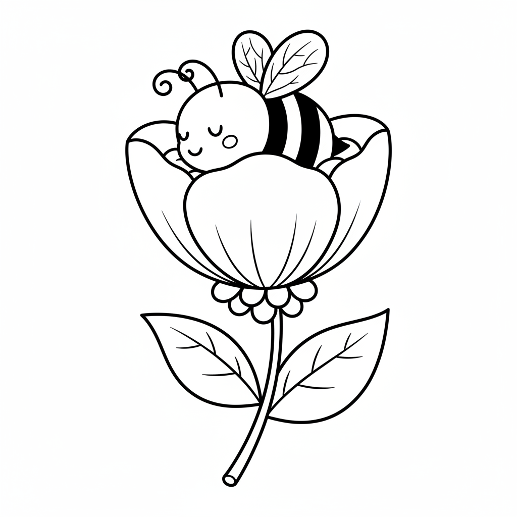 Biene schlafend im Blütenblatt gemütlich - Free Printable Coloring Page