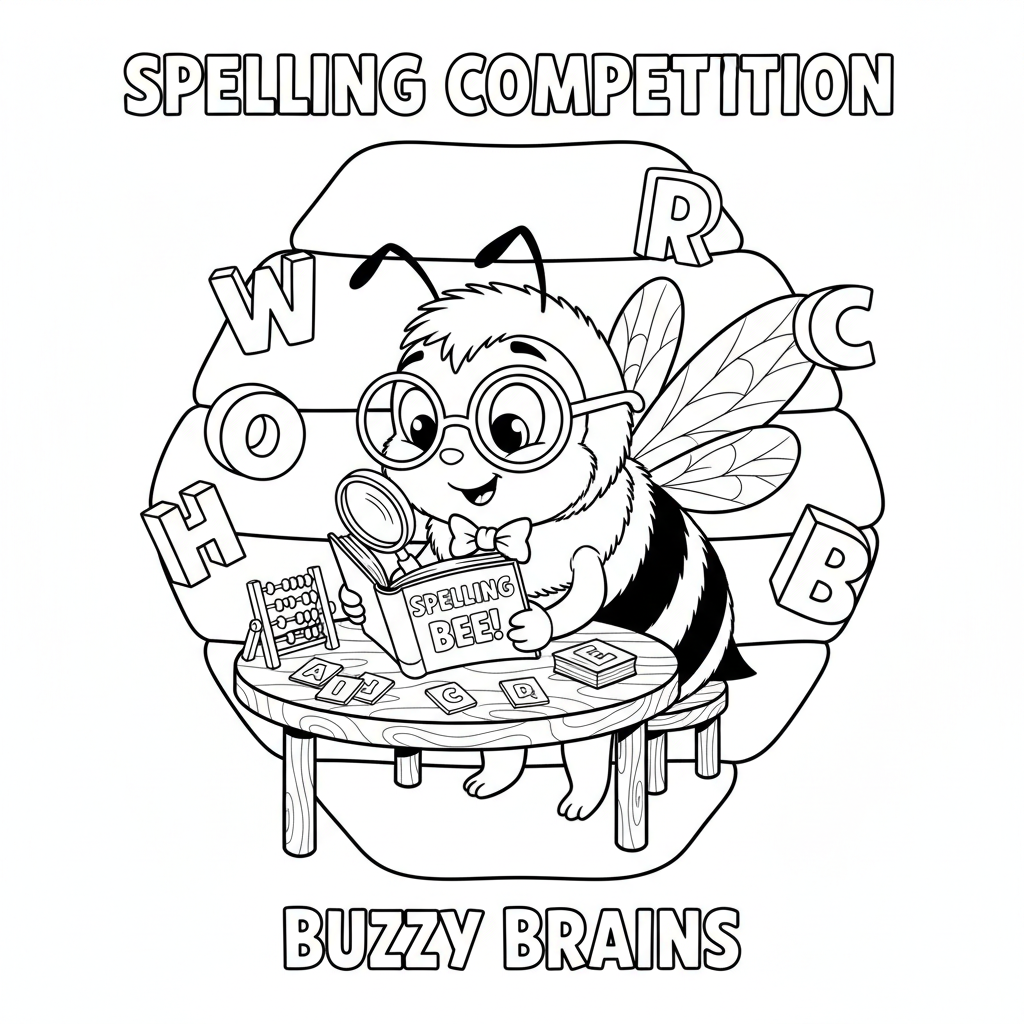Bee spelling competition holding tiny book studying - Free Printable Coloring Page