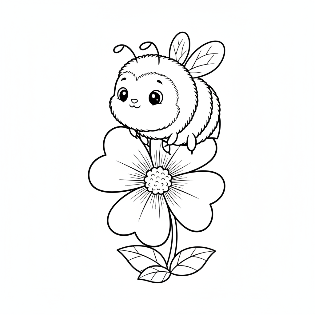 Bumblebee on clover flower fuzzy cute - Free Printable Coloring Page Bumblebee on clover flower fuzzy cute - Free Printable Coloring Page