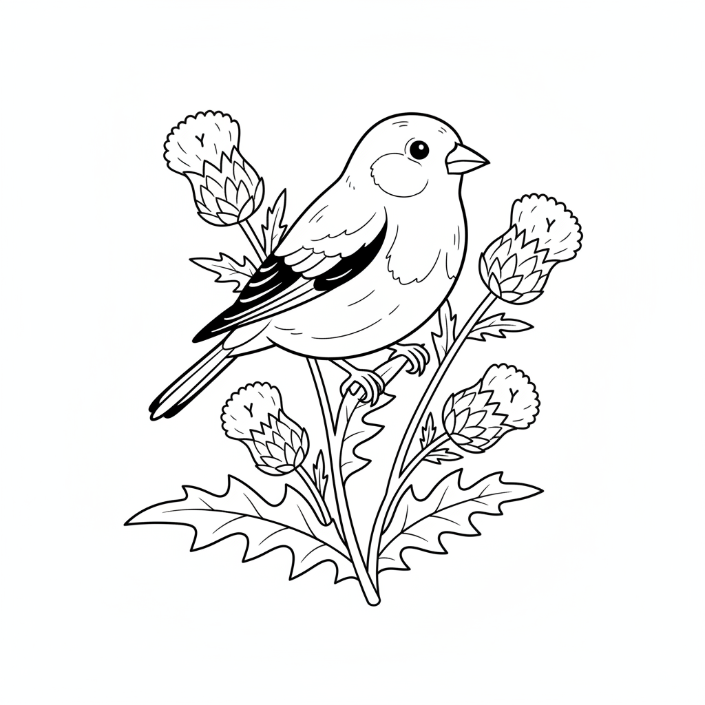 Goldfinch on thistle plant yellow bright - Free Printable Coloring Page Goldfinch on thistle plant yellow bright - Free Printable Coloring Page
