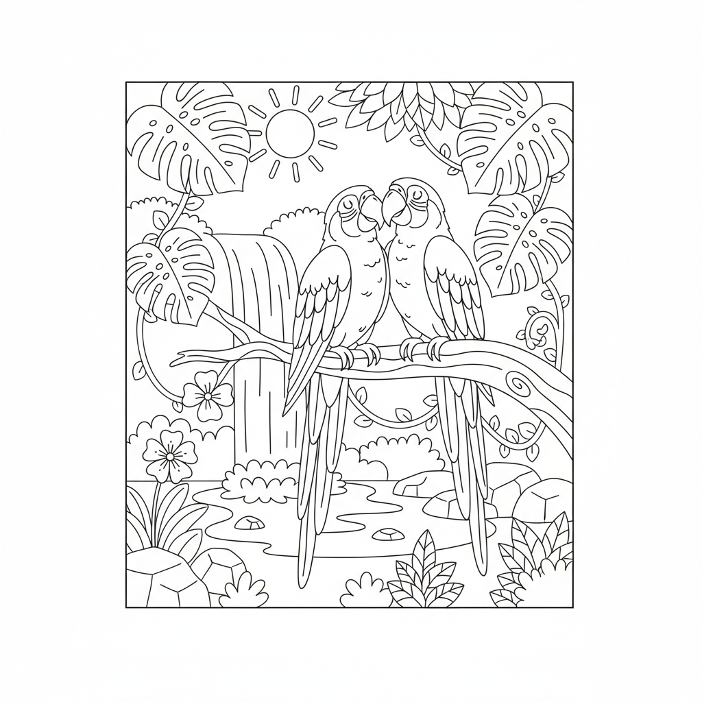 Macaw pair tropical rainforest bond - Free Printable Coloring Page Macaw pair tropical rainforest bond - Free Printable Coloring Page