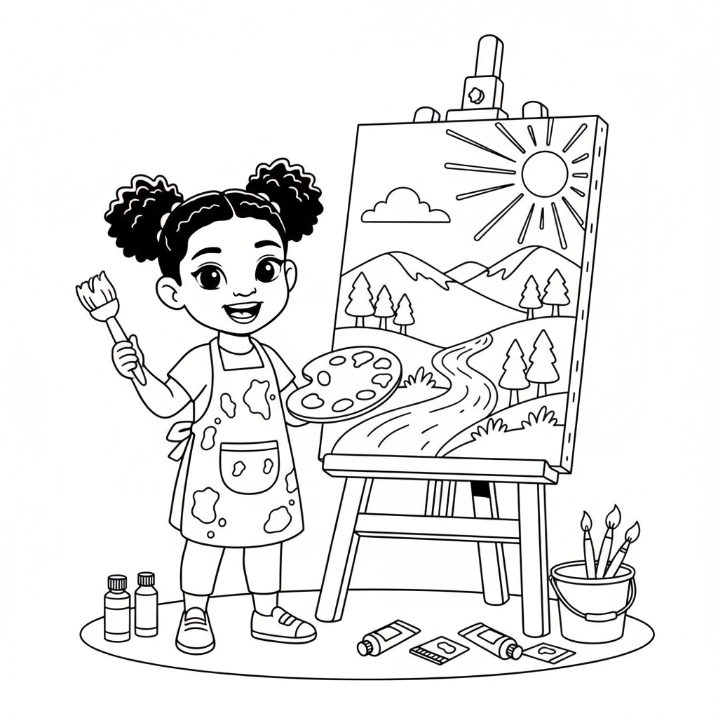 Black girl artist painting beautiful landscape on canvas - Free Printable Coloring Page