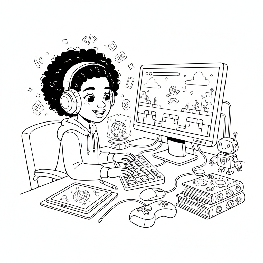 Black girl coder at computer creating video game tech - Free Printable Coloring Page