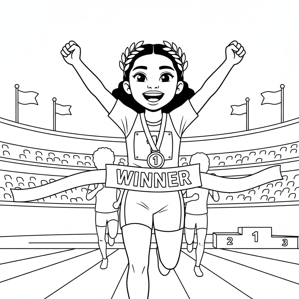 Zwarte Olympische atlete die als eerste de finishlijn passeert en wint. - Gratis afdrukbare kleurplaat
