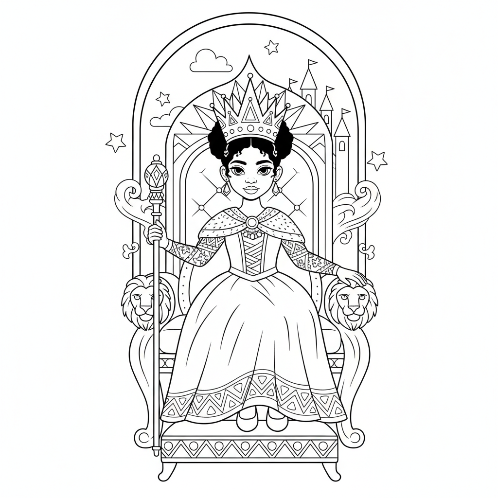 Zwarte vrouw als koningin op een troon met kroon en scepter. - Gratis afdrukbare kleurplaat