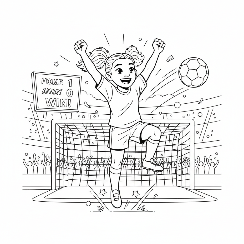 Black girl soccer player scoring winning goal celebration - Free Printable Coloring Page