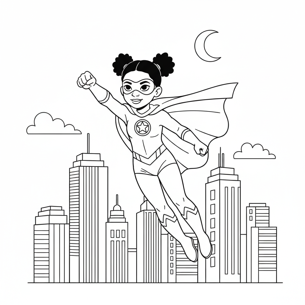 Black girl superhero with cape flying through city skyline - Free Printable Coloring Page