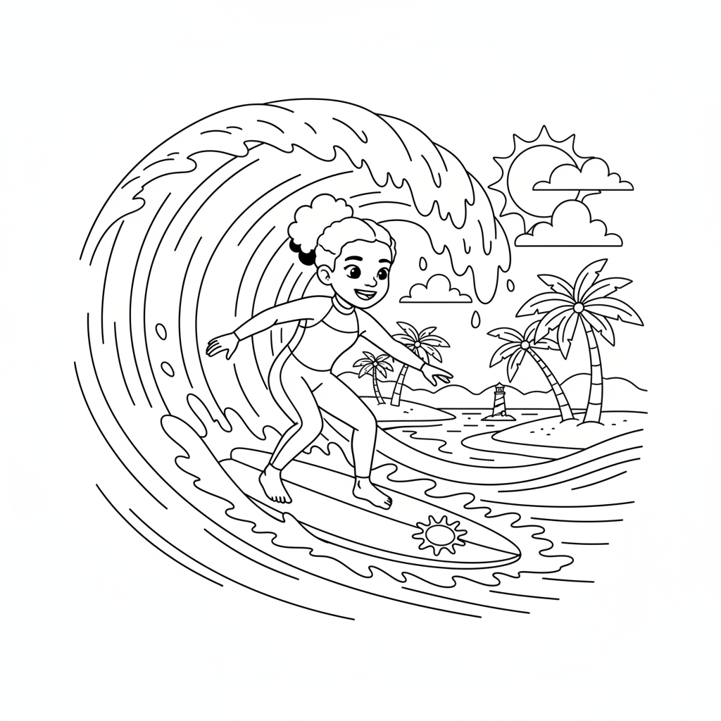 Black girl surfer riding a big wave beach adventure - Free Printable Coloring Page