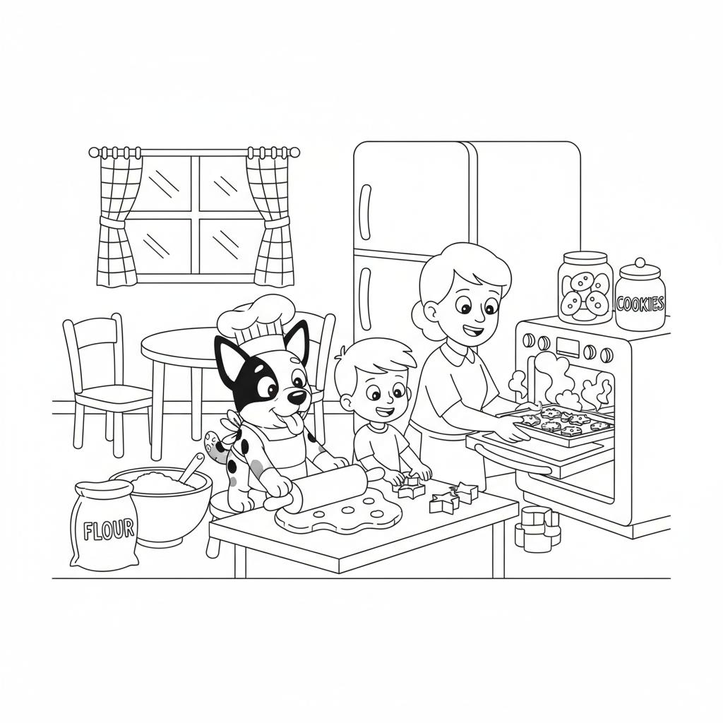A cartoon blue heeler puppy baking cookies with family kitchen - Free Printable Coloring Page